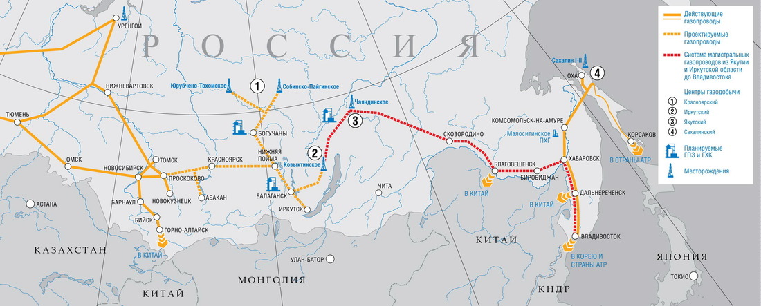 Действующие и проектируемые газопроводы, а также схема газотранспортной системы РФ